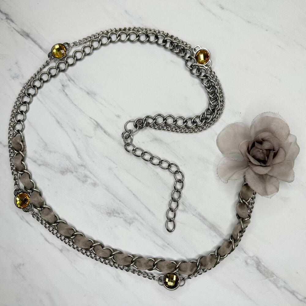 Flower and Rhinestone Silver Tone Metal Chain Link Belt Size XL ✨